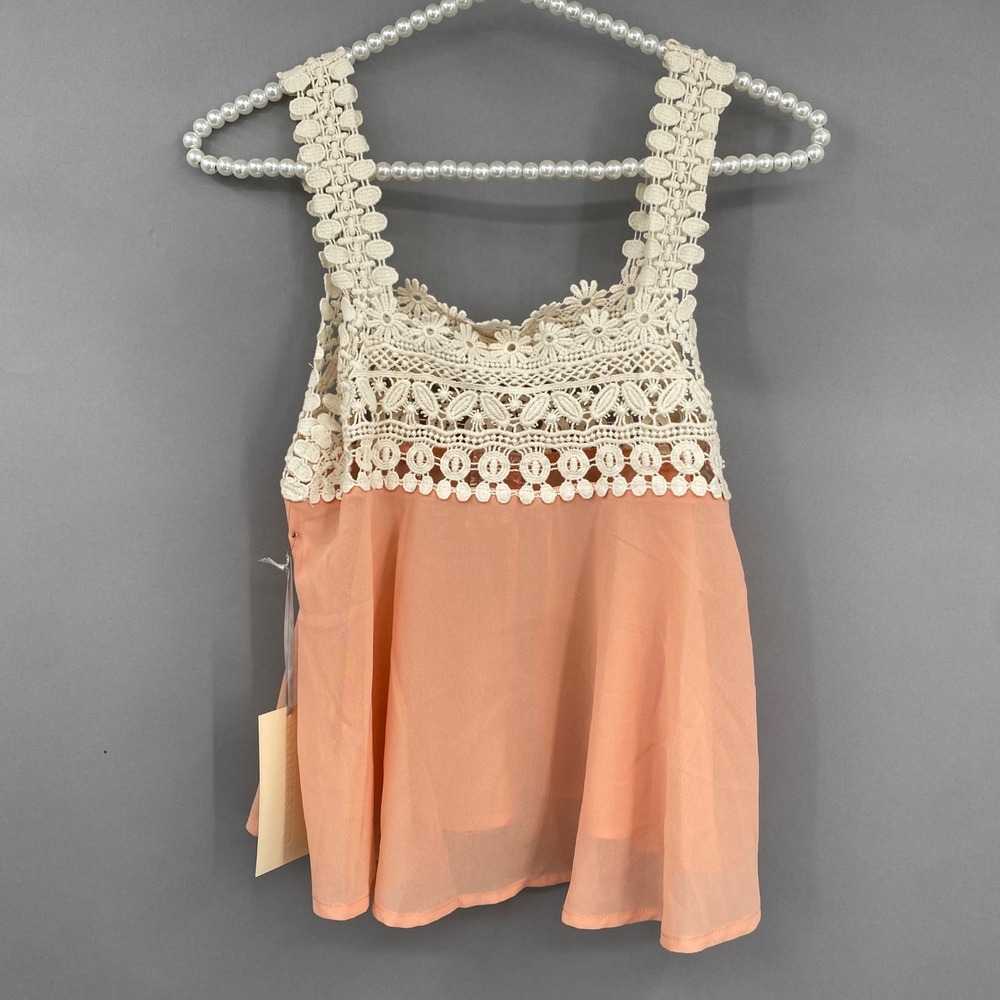 Double Zero Crochet Lace Chiffon Tank Top Womens Sm Peach Boho Coquette Festival